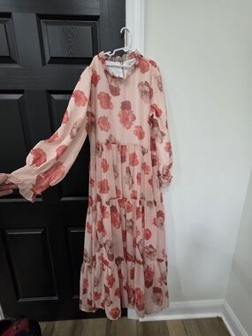Pink Floral Tiered Midi Dress with Long Sleeves